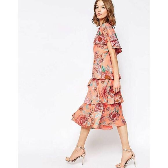 Asos Midi Dress Womens Size‎ 00 Pastel Floral Print Tie Open Back  Cape Draped - Picture 3 of 11